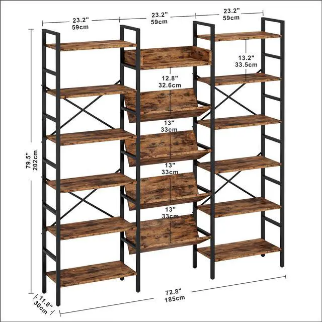 Alt view image 3 of 7 - Bookcases and Bookshelves Triple Wide 6 Tiers Industrial Record Player Shelf, Large Etagere Bookshelf Open Record Player Shelves with Metal Frame for Living Room Home Office