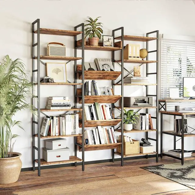 Alt view image 2 of 7 - Bookcases and Bookshelves Triple Wide 6 Tiers Industrial Record Player Shelf, Large Etagere Bookshelf Open Record Player Shelves with Metal Frame for Living Room Home Office
