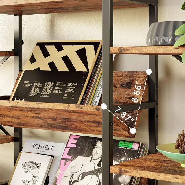 Alt view image 5 of 7 - Bookcases and Bookshelves Triple Wide 6 Tiers Industrial Record Player Shelf, Large Etagere Bookshelf Open Record Player Shelves with Metal Frame for Living Room Home Office