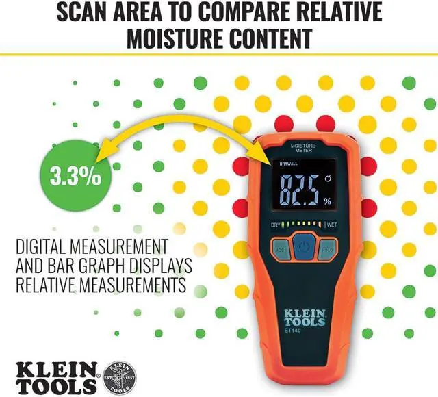 Alt view image 4 of 6 - Klein Tools ET140 Pinless Moisture Meter for Non-Destructive Moisture Detection in Drywall, Wood, and Masonry; Detects up to 3/4-Inch Below Surface