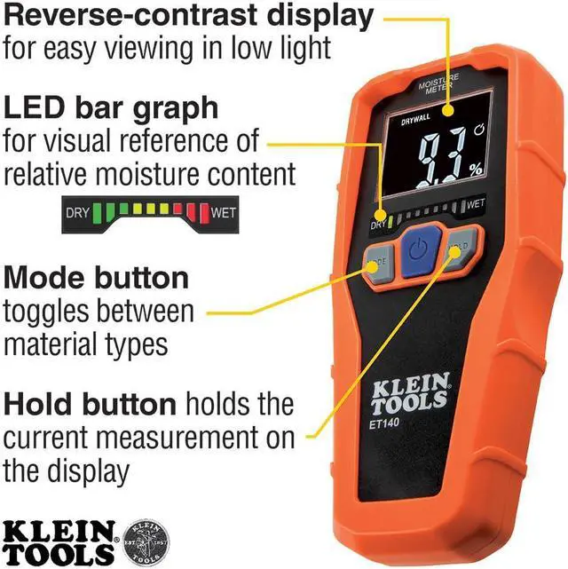 Alt view image 3 of 6 - Klein Tools ET140 Pinless Moisture Meter for Non-Destructive Moisture Detection in Drywall, Wood, and Masonry; Detects up to 3/4-Inch Below Surface