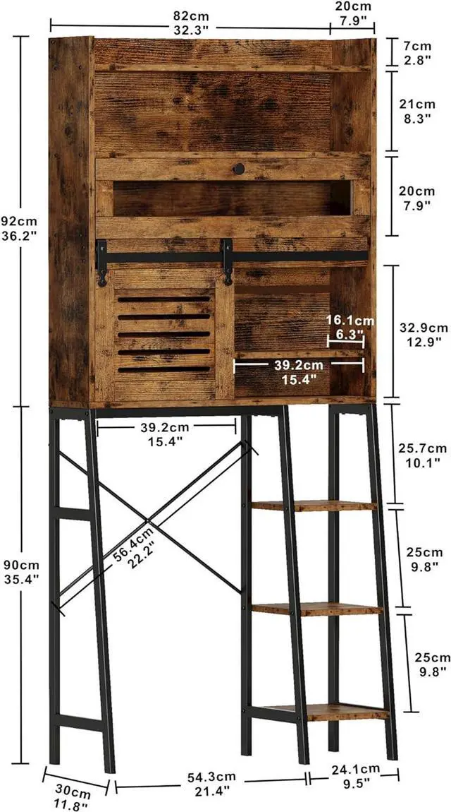 Alt view image 2 of 6 - Over The Toilet Storage with Cabinet, Sliding Barn Door, Side Storage Open Rack, Mass-Storage Over Toilet Bathroom Organizer for Bathroom, Restroom, Laundry, Vintage Brown