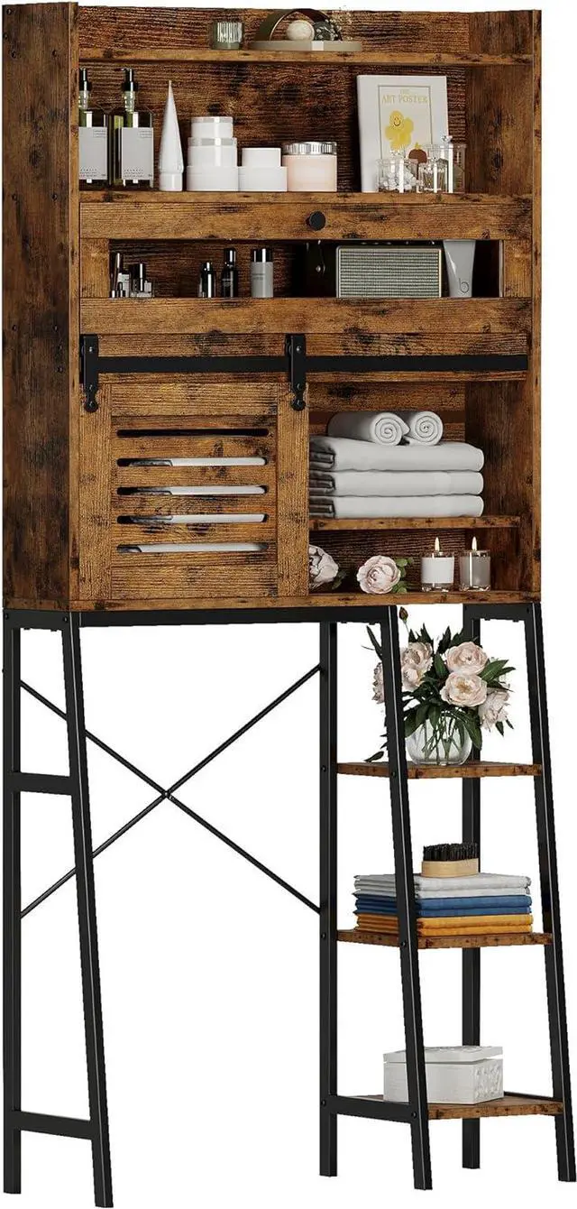 Main image of Over The Toilet Storage with Cabinet, Sliding Barn Door, Side Storage Open Rack, Mass-Storage Over Toilet Bathroom Organizer for Bathroom, Restroom, Laundry, Vintage Brown