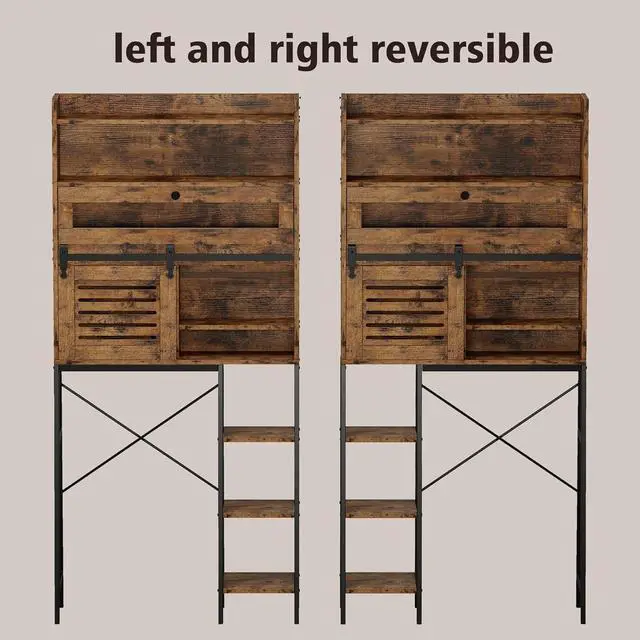 Alt view image 4 of 6 - Over The Toilet Storage with Cabinet, Sliding Barn Door, Side Storage Open Rack, Mass-Storage Over Toilet Bathroom Organizer for Bathroom, Restroom, Laundry, Vintage Brown