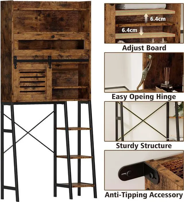 Alt view image 3 of 6 - Over The Toilet Storage with Cabinet, Sliding Barn Door, Side Storage Open Rack, Mass-Storage Over Toilet Bathroom Organizer for Bathroom, Restroom, Laundry, Vintage Brown