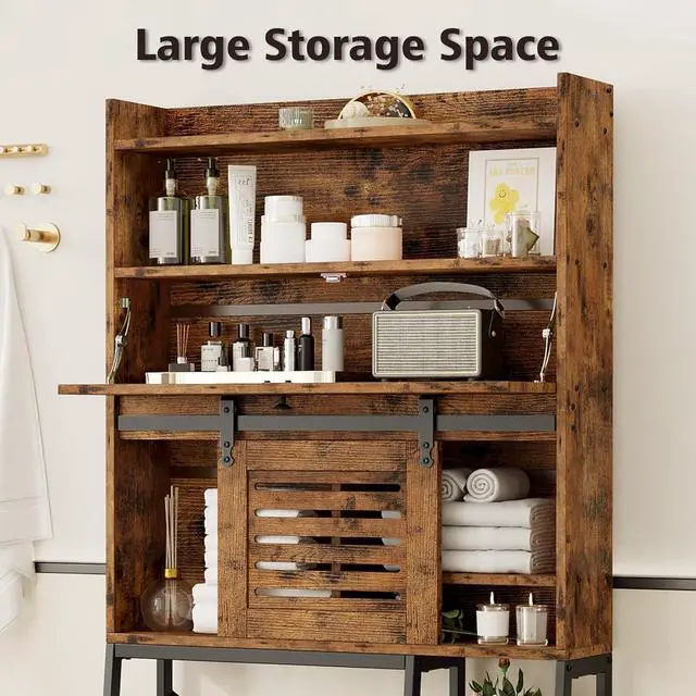 Alt view image 6 of 6 - Over The Toilet Storage with Cabinet, Sliding Barn Door, Side Storage Open Rack, Mass-Storage Over Toilet Bathroom Organizer for Bathroom, Restroom, Laundry, Vintage Brown