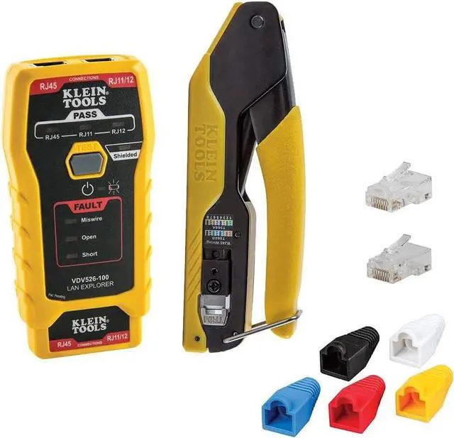 Main image of Klein Tools 80093 Cable Tester, VDV LAN Kit with LAN Tester, Pass Thru Crimper, CAT6/CAT5e Plugs and Strain Relief Boots, 5-Piece