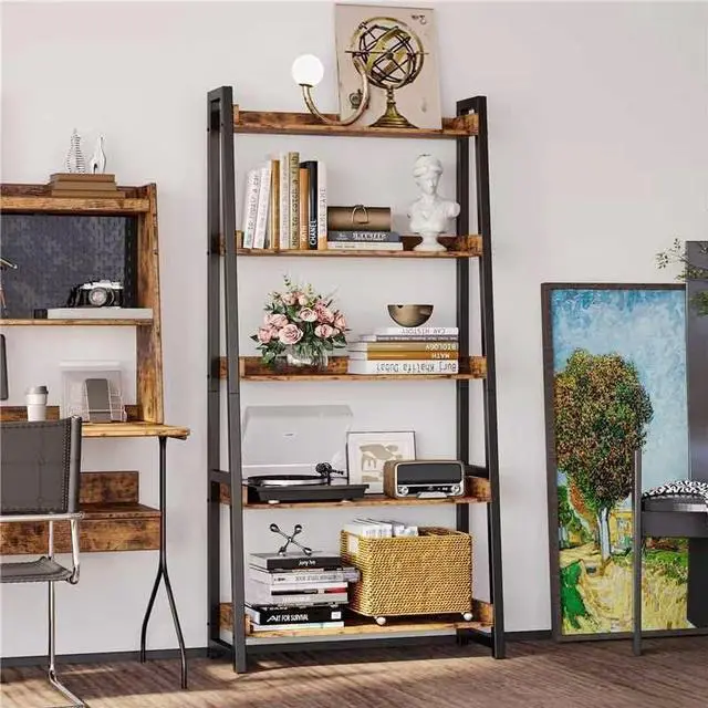Alt view image 2 of 7 - Industrial Bookshelf 5-Tier 31.5in Wide, Bookcase Ladder Shelf, Storage Shelves Rack Shelf Unit, Accent Furniture Metal Frame, Home Office Furniture for Bathroom, Living Room Brown