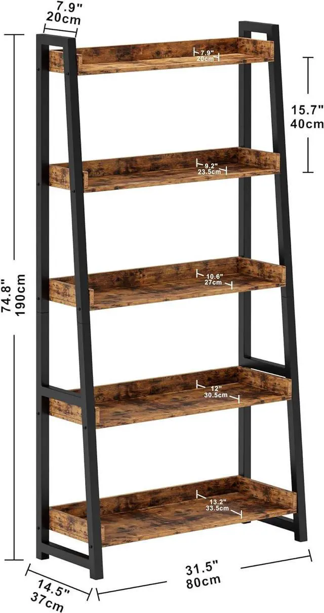 Alt view image 3 of 7 - Industrial Bookshelf 5-Tier 31.5in Wide, Bookcase Ladder Shelf, Storage Shelves Rack Shelf Unit, Accent Furniture Metal Frame, Home Office Furniture for Bathroom, Living Room Brown