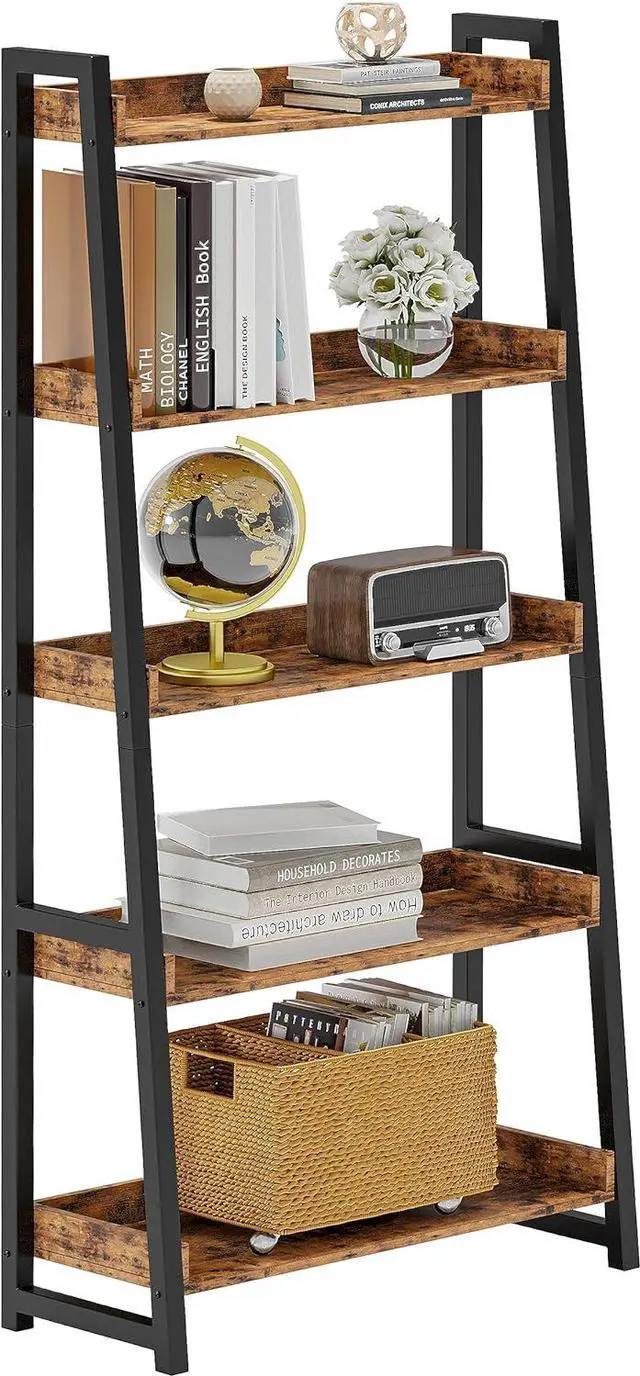 Main image of Industrial Bookshelf 5-Tier 31.5in Wide, Bookcase Ladder Shelf, Storage Shelves Rack Shelf Unit, Accent Furniture Metal Frame, Home Office Furniture for Bathroom, Living Room Brown