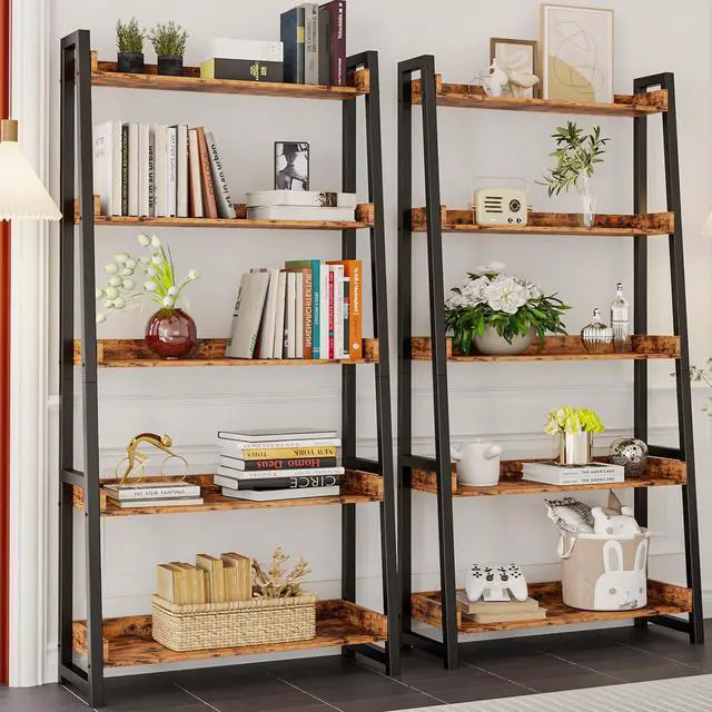 Alt view image 4 of 7 - Industrial Bookshelf 5-Tier 31.5in Wide, Bookcase Ladder Shelf, Storage Shelves Rack Shelf Unit, Accent Furniture Metal Frame, Home Office Furniture for Bathroom, Living Room Brown