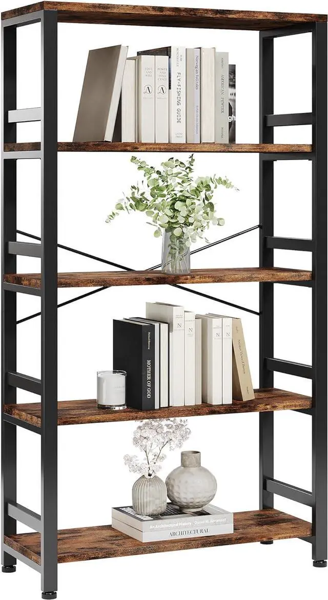 Main image of Bookshelves and Bookcases, 31.5in Wide Shelf 5-Tier Ladder Shelf 110lbs/shelf Vintage Industrial Style Bookcase for Bedroom Living Room Home, Vintage Brown