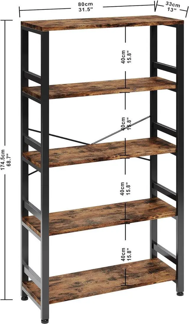 Alt view image 3 of 7 - Bookshelves and Bookcases, 31.5in Wide Shelf 5-Tier Ladder Shelf 110lbs/shelf Vintage Industrial Style Bookcase for Bedroom Living Room Home, Vintage Brown