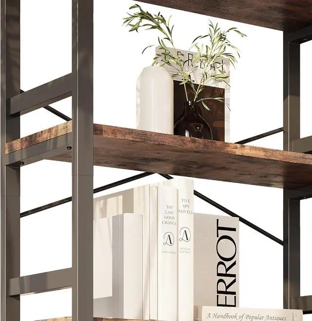 Alt view image 5 of 7 - Bookshelves and Bookcases, 31.5in Wide Shelf 5-Tier Ladder Shelf 110lbs/shelf Vintage Industrial Style Bookcase for Bedroom Living Room Home, Vintage Brown