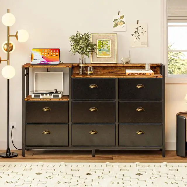 Alt view image 4 of 7 - Dresser with Power Outlets and LED Lights, 8 PU Leather Drawers Dresser with Charging Station, Wide Chests of Drawers for Closet, Bedroom, Hallway, Vintage Brown Black