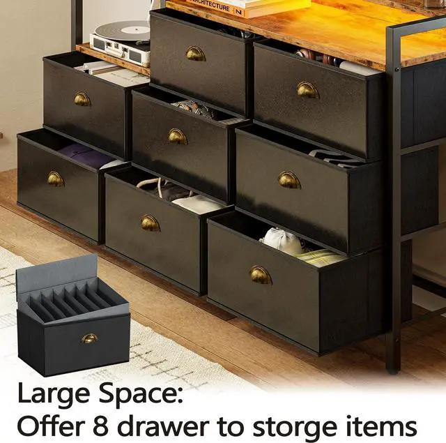 Alt view image 3 of 7 - Dresser with Power Outlets and LED Lights, 8 PU Leather Drawers Dresser with Charging Station, Wide Chests of Drawers for Closet, Bedroom, Hallway, Vintage Brown Black