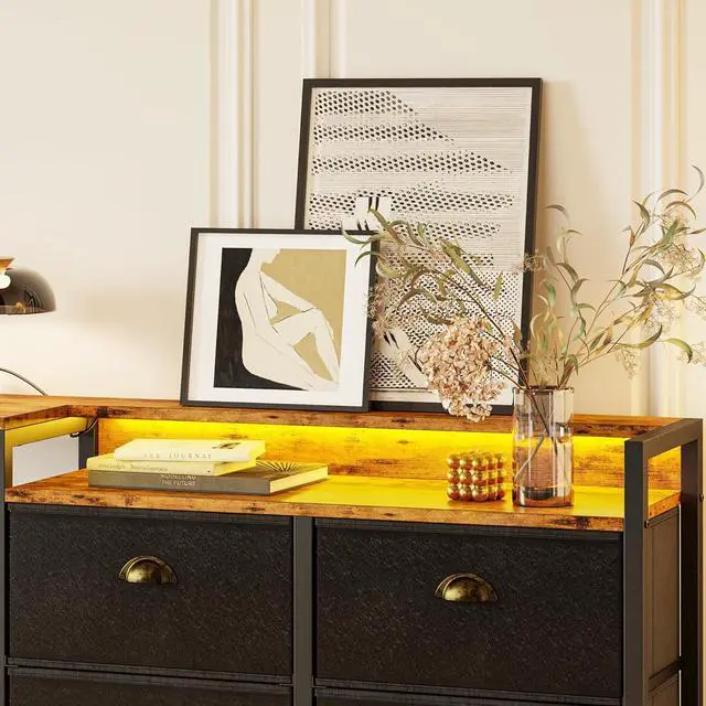 Alt view image 6 of 7 - Dresser with Power Outlets and LED Lights, 8 PU Leather Drawers Dresser with Charging Station, Wide Chests of Drawers for Closet, Bedroom, Hallway, Vintage Brown Black