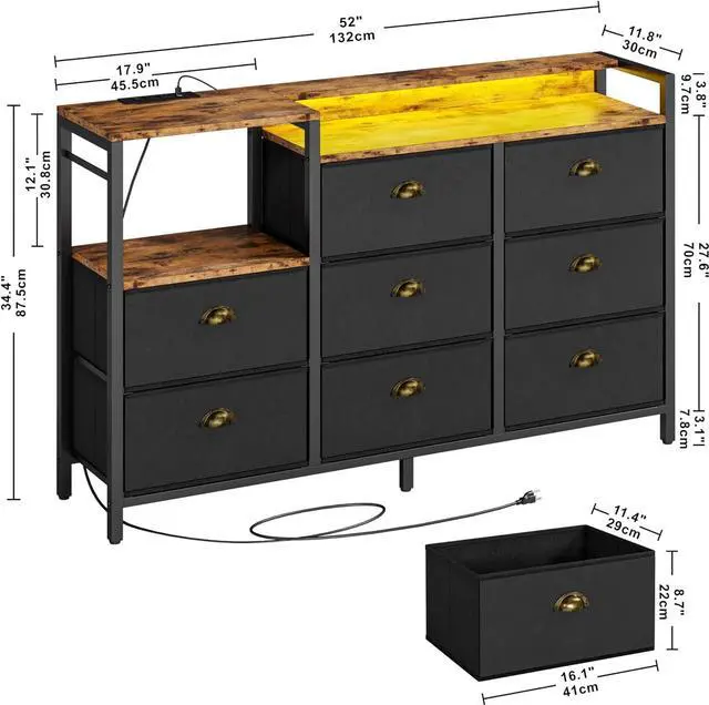 Alt view image 2 of 7 - Dresser with Power Outlets and LED Lights, 8 PU Leather Drawers Dresser with Charging Station, Wide Chests of Drawers for Closet, Bedroom, Hallway, Vintage Brown Black