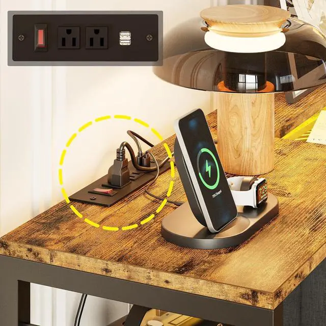 Alt view image 5 of 7 - Dresser with Power Outlets and LED Lights, 8 PU Leather Drawers Dresser with Charging Station, Wide Chests of Drawers for Closet, Bedroom, Hallway, Vintage Brown Black