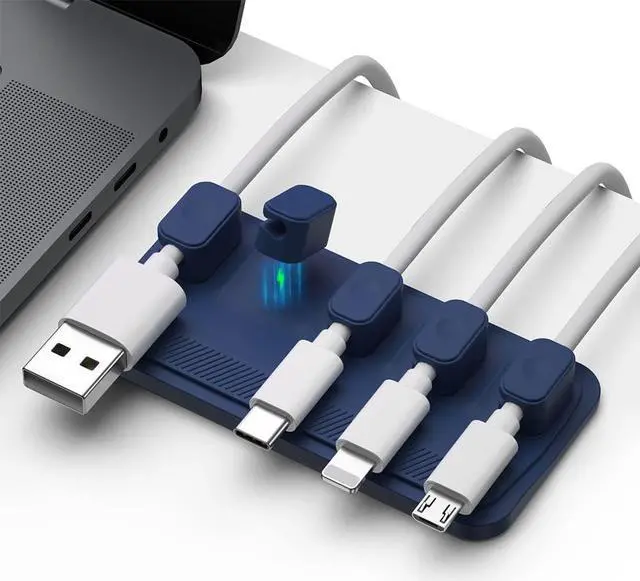 Main image of Magnetic Cable Management, Cable Holder for Desktop Multipurpose Cord Keeper, 5 Clips(OD 3.0-4.2mm) for Lightning, USB-C, Micro Cable, Other Wires, Sticks to Wood, Marble, Metal, Glass (Blue)
