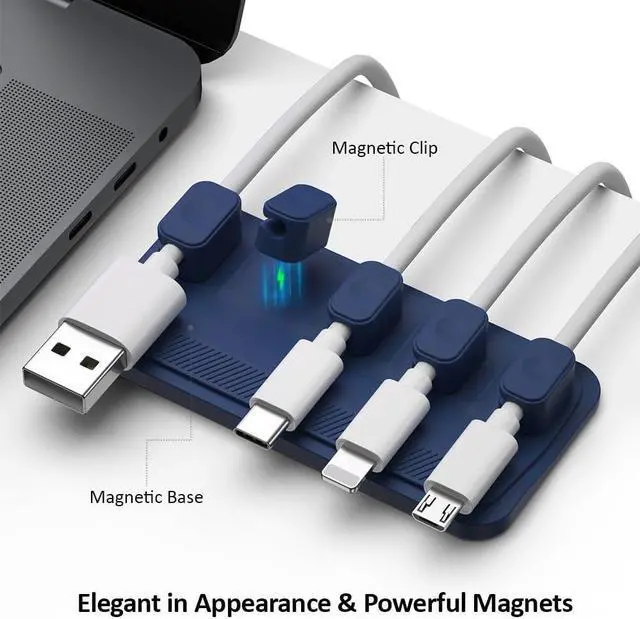 Alt view image 3 of 7 - Magnetic Cable Management, Cable Holder for Desktop Multipurpose Cord Keeper, 5 Clips(OD 3.0-4.2mm) for Lightning, USB-C, Micro Cable, Other Wires, Sticks to Wood, Marble, Metal, Glass (Blue)