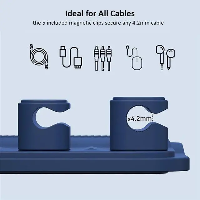 Alt view image 4 of 7 - Magnetic Cable Management, Cable Holder for Desktop Multipurpose Cord Keeper, 5 Clips(OD 3.0-4.2mm) for Lightning, USB-C, Micro Cable, Other Wires, Sticks to Wood, Marble, Metal, Glass (Blue)