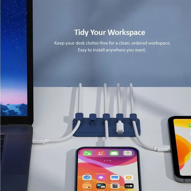 Alt view image 6 of 7 - Magnetic Cable Management, Cable Holder for Desktop Multipurpose Cord Keeper, 5 Clips(OD 3.0-4.2mm) for Lightning, USB-C, Micro Cable, Other Wires, Sticks to Wood, Marble, Metal, Glass (Blue)