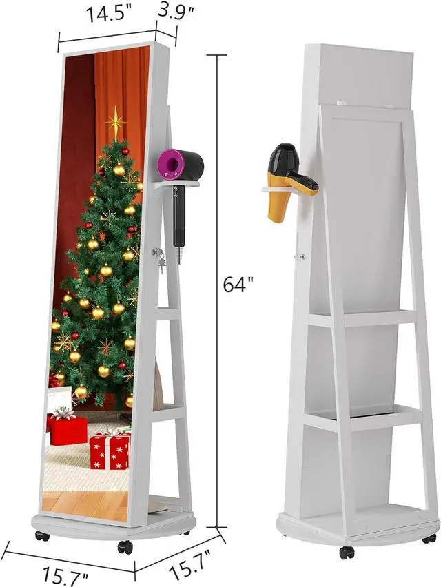 Alt view image 6 of 7 - 360° Swivel Jewelry Armoire with Mirror, LED Mirror Jewelry Cabinet Standing, Full Length Mirror with Jewelry Storage, Standing Jewelry Organizer/Lockable Wheels/Foldable Makeup Shelf