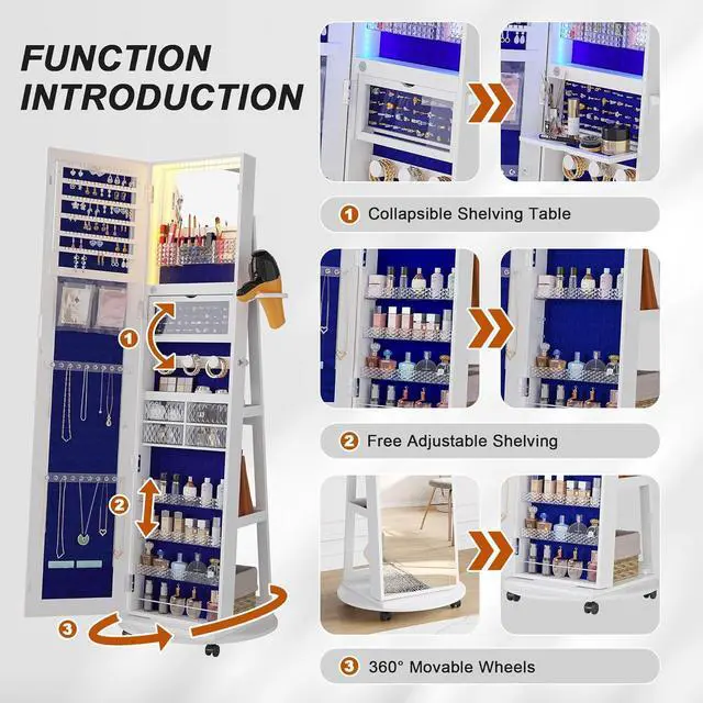 Alt view image 3 of 7 - 360° Swivel Jewelry Armoire with Mirror, LED Mirror Jewelry Cabinet Standing, Full Length Mirror with Jewelry Storage, Standing Jewelry Organizer/Lockable Wheels/Foldable Makeup Shelf