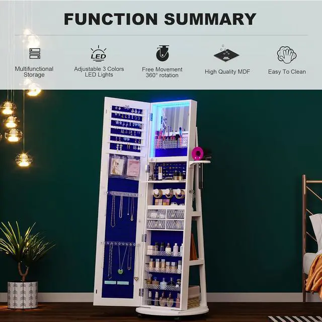 Alt view image 4 of 7 - 360° Swivel Jewelry Armoire with Mirror, LED Mirror Jewelry Cabinet Standing, Full Length Mirror with Jewelry Storage, Standing Jewelry Organizer/Lockable Wheels/Foldable Makeup Shelf