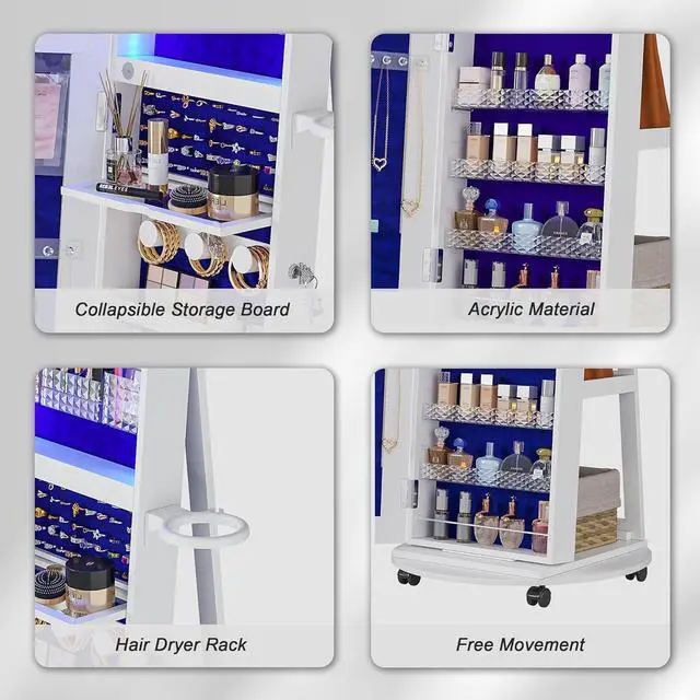 Alt view image 5 of 7 - 360° Swivel Jewelry Armoire with Mirror, LED Mirror Jewelry Cabinet Standing, Full Length Mirror with Jewelry Storage, Standing Jewelry Organizer/Lockable Wheels/Foldable Makeup Shelf