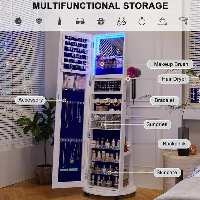 Alt view image 2 of 7 - 360° Swivel Jewelry Armoire with Mirror, LED Mirror Jewelry Cabinet Standing, Full Length Mirror with Jewelry Storage, Standing Jewelry Organizer/Lockable Wheels/Foldable Makeup Shelf