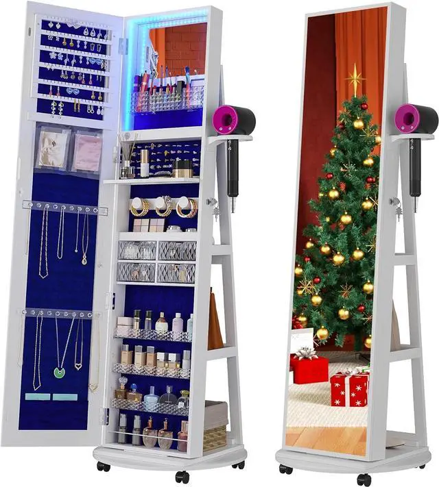 Alt view image 7 of 7 - 360° Swivel Jewelry Armoire with Mirror, LED Mirror Jewelry Cabinet Standing, Full Length Mirror with Jewelry Storage, Standing Jewelry Organizer/Lockable Wheels/Foldable Makeup Shelf