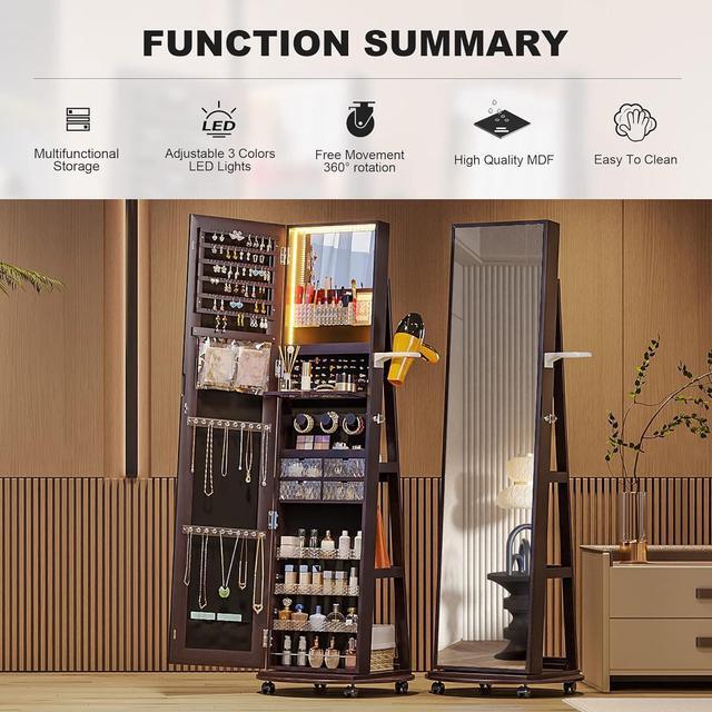Alt view image 4 of 7 - 360° Swivel Jewelry Armoire with Mirror, LED Mirror Jewelry Cabinet Standing, Full Length Mirror with Jewelry Storage, Standing Jewelry Organizer/Lockable Wheels/Foldable Makeup Shelf Brown