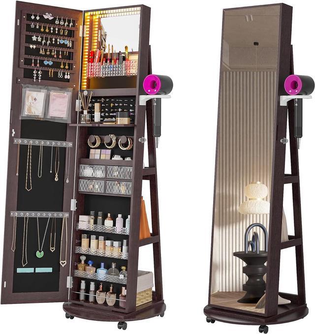 Main image of 360° Swivel Jewelry Armoire with Mirror, LED Mirror Jewelry Cabinet Standing, Full Length Mirror with Jewelry Storage, Standing Jewelry Organizer/Lockable Wheels/Foldable Makeup Shelf Brown
