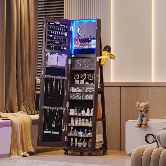 Alt view image 6 of 7 - 360° Swivel Jewelry Armoire with Mirror, LED Mirror Jewelry Cabinet Standing, Full Length Mirror with Jewelry Storage, Standing Jewelry Organizer/Lockable Wheels/Foldable Makeup Shelf Brown