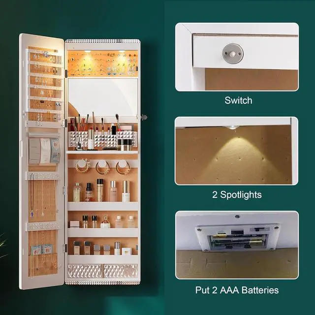 Alt view image 6 of 7 - LED Mirror Jewelry Cabinet,47.2" Wall Mounted Jewelry Organizer with Full-Length Mirror,Over The Door Hanging Jewelry Armoire Storage Cabinet,Folding Dresser,2 Drawers,Lockable, 3 Shelves(White)