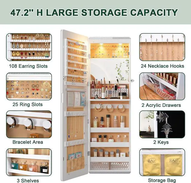 Alt view image 3 of 7 - LED Mirror Jewelry Cabinet,47.2" Wall Mounted Jewelry Organizer with Full-Length Mirror,Over The Door Hanging Jewelry Armoire Storage Cabinet,Folding Dresser,2 Drawers,Lockable, 3 Shelves(White)