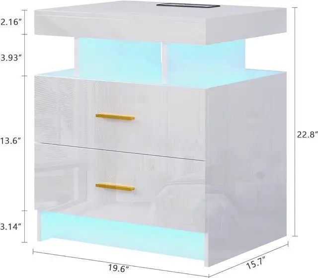 Alt view image 2 of 7 - Auto LED Nightstand with Wireless Charging Station & USB Ports,High Gloss Bedside Tables with 2 Drawers,Floating Nightstand with 3 Color & Adjustable Brightness Embedded LED Light Strip White