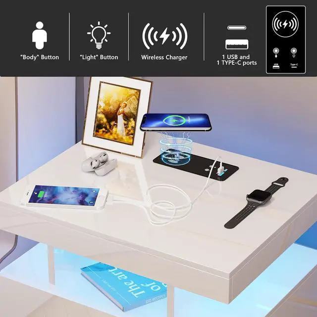 Alt view image 5 of 7 - Auto LED Nightstand with Wireless Charging Station & USB Ports,High Gloss Bedside Tables with 2 Drawers,Floating Nightstand with 3 Color & Adjustable Brightness Embedded LED Light Strip White