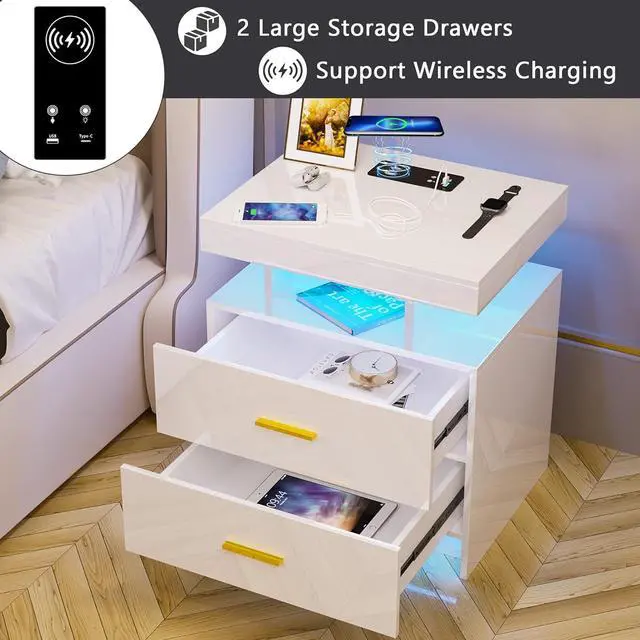 Alt view image 3 of 7 - Auto LED Nightstand with Wireless Charging Station & USB Ports,High Gloss Bedside Tables with 2 Drawers,Floating Nightstand with 3 Color & Adjustable Brightness Embedded LED Light Strip White