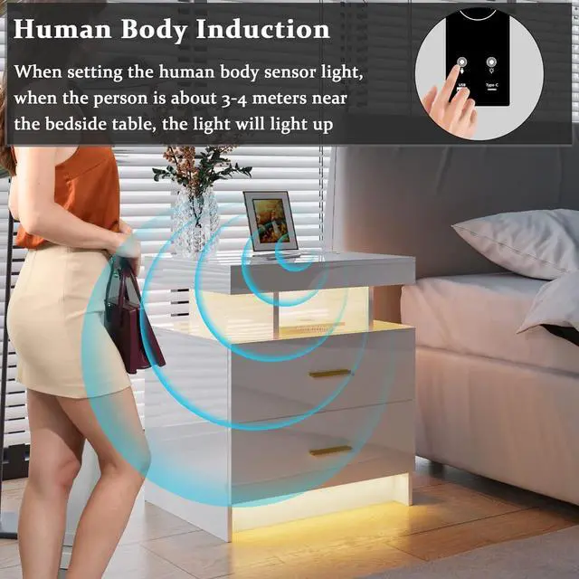 Alt view image 6 of 7 - Auto LED Nightstand with Wireless Charging Station & USB Ports,High Gloss Bedside Tables with 2 Drawers,Floating Nightstand with 3 Color & Adjustable Brightness Embedded LED Light Strip White