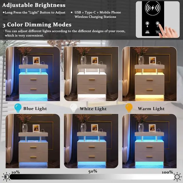 Alt view image 4 of 7 - Auto LED Nightstand with Wireless Charging Station & USB Ports,High Gloss Bedside Tables with 2 Drawers,Floating Nightstand with 3 Color & Adjustable Brightness Embedded LED Light Strip White
