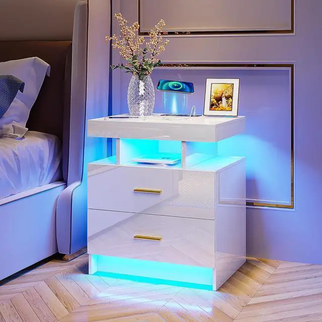 Main image of Auto LED Nightstand with Wireless Charging Station & USB Ports,High Gloss Bedside Tables with 2 Drawers,Floating Nightstand with 3 Color & Adjustable Brightness Embedded LED Light Strip White
