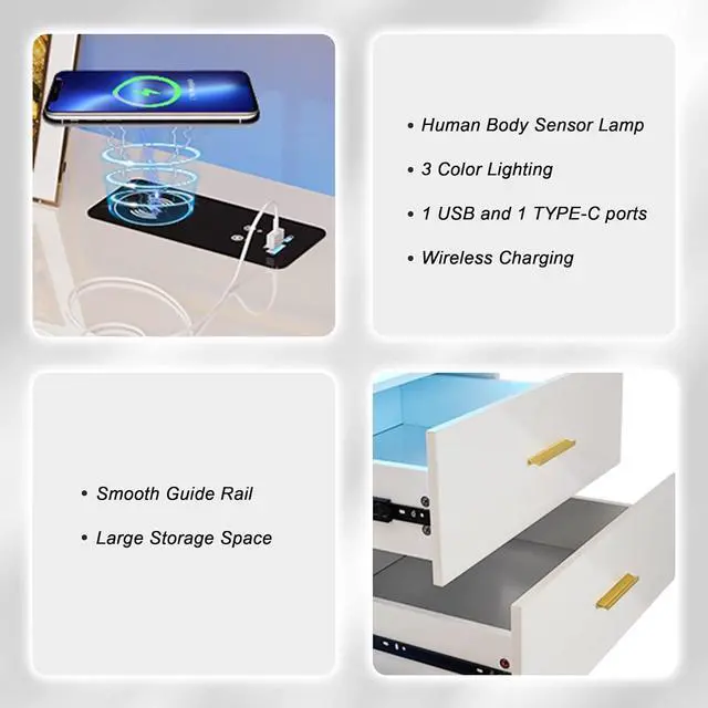 Alt view image 7 of 7 - Auto LED Nightstand with Wireless Charging Station & USB Ports,High Gloss Bedside Tables with 2 Drawers,Floating Nightstand with 3 Color & Adjustable Brightness Embedded LED Light Strip White