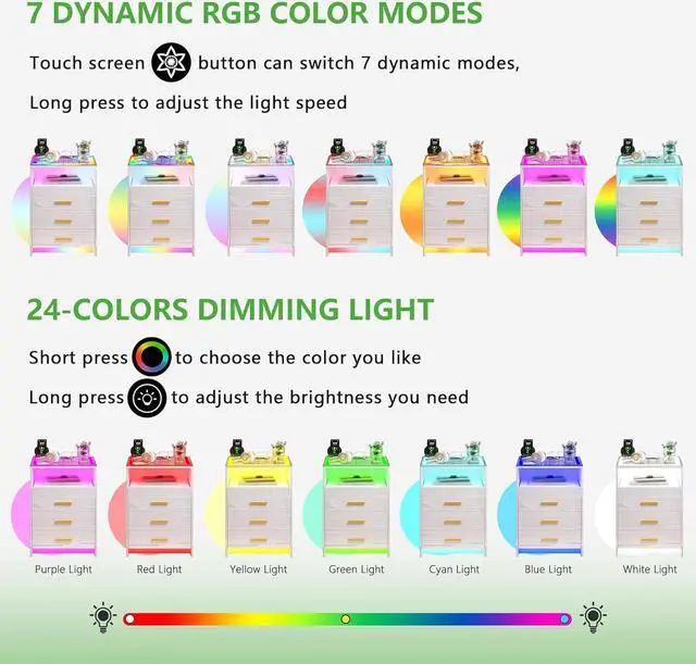 Alt view image 5 of 7 - Smart RGB Nightstand with Charging Station, LED Night Stand with Human Sensor, Modern Bedside Table with Glass Tabletop White
