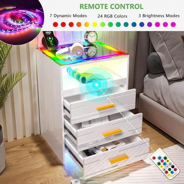 Alt view image 6 of 7 - Smart RGB Nightstand with Charging Station, LED Night Stand with Human Sensor, Modern Bedside Table with Glass Tabletop White