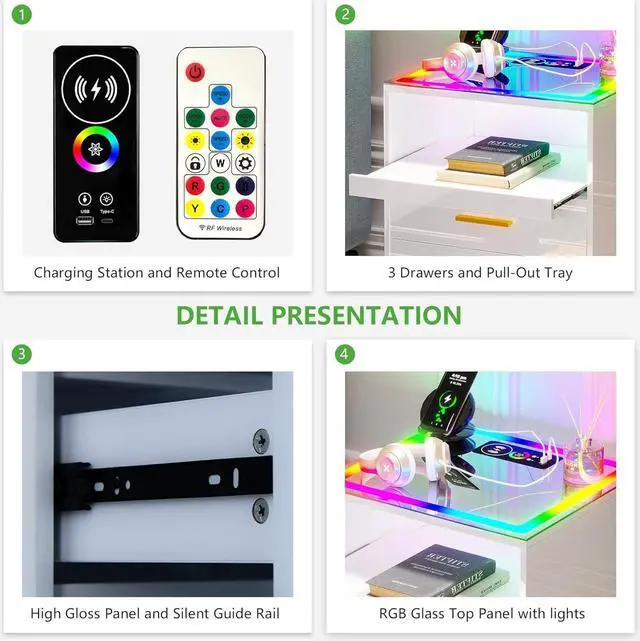 Alt view image 7 of 7 - Smart RGB Nightstand with Charging Station, LED Night Stand with Human Sensor, Modern Bedside Table with Glass Tabletop White