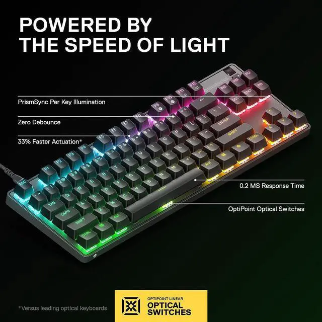 Alt view image 2 of 7 - SteelSeries New Apex 9 TKL  HotSwap Optical Mini Keyboard  TKL Esports Design  Optical Switches  RGB Customization  Aluminum Alloy Frame  Double Shot PBT Keycaps