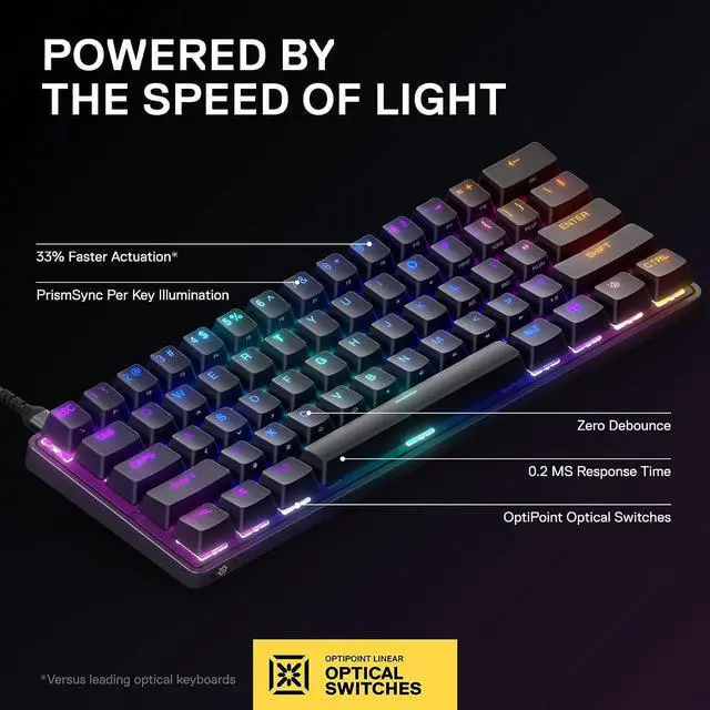 Alt view image 2 of 6 - SteelSeries Apex 9 Mini  HotSwap Optical Mini Keyboard  60% Compact Design  Optical Switches  RGB Customization  Aluminum Alloy Frame  Double Shot PBT Keycap